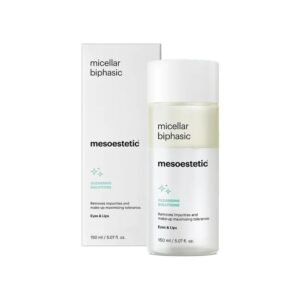 Démaquillant biphasique de haute tolérance pour les yeux et les lèvres. Combine des micelles et une huile végétale riche en oméga 6 pour retirer doucement la saleté et le maquillage, même waterproof, sans résidu gras.